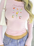Women'WB shield Letter & Drink Print Round Neck Skinny Tee, Y2K Trendy Casual Long Sleeve T-shirt for Daily Wear, Ladies...
