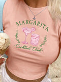 Women'WB shield Letter & Drinks Print Round Neck Crop Tee, Casual Slim-fitting Short Sleeve T-shirt, Ladies Summer TNF...