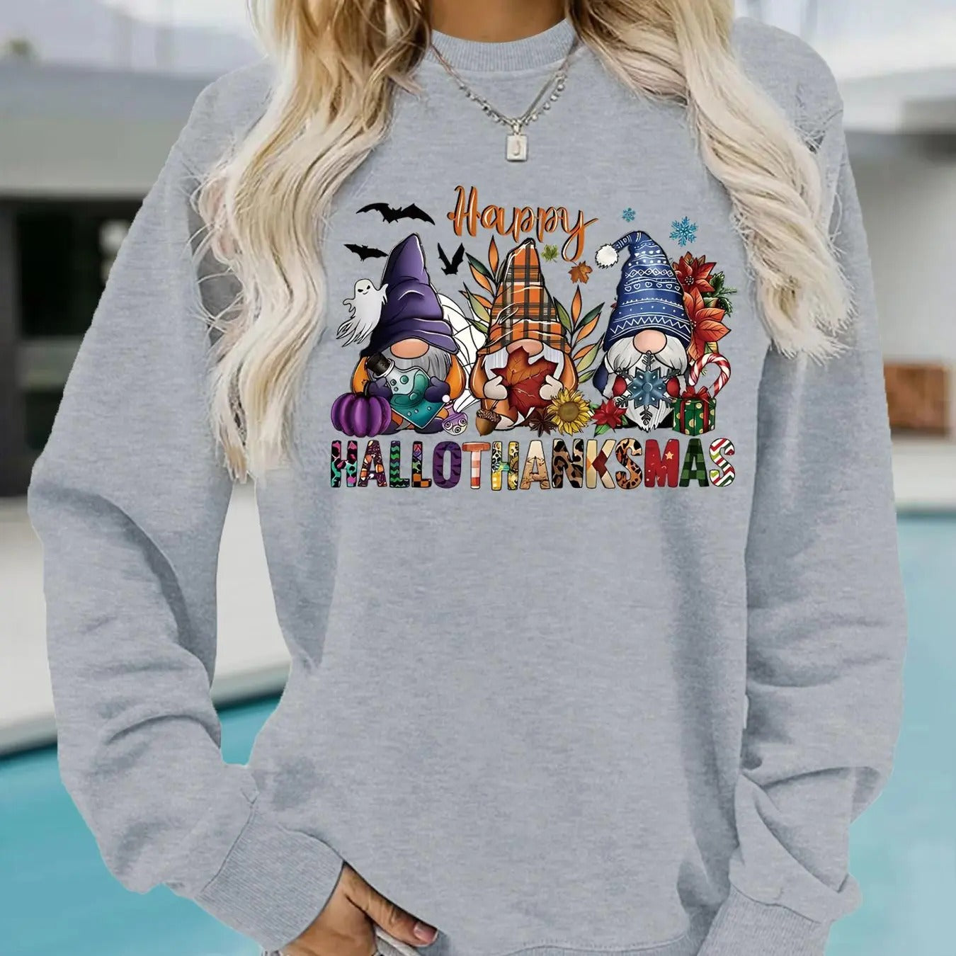 Women'WB shield Letter & Dwarf Print Drop Shoulder Sweatshirt, Casual Letter Print Long Sleeve Round Neck Pullover for...