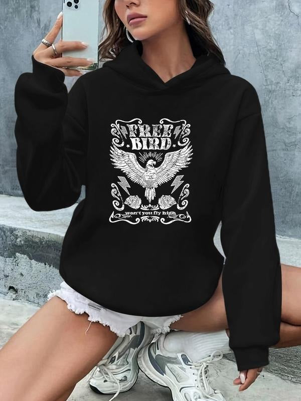 Women'WB shield Letter & Eagle Print Drop Shoulder Hoodie, Fashion Casual Hooded Sweatshirt for Daily Holiday Outdoor...