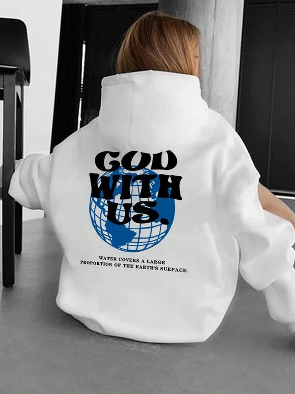 Women'WB shield Letter & Earth Print Drop Shoulder Hoodie, Fashion Casual Drawstring Pocket Hooded Sweatshirt for Daily...