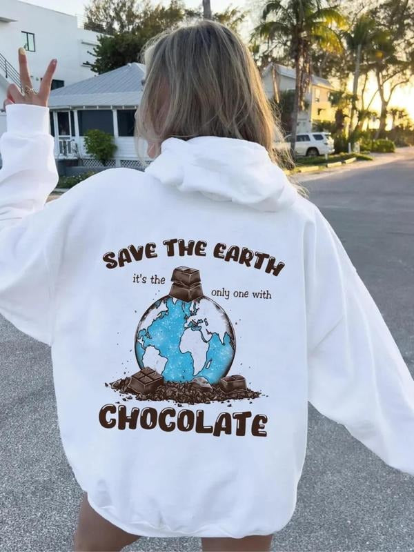 Women'WB shield Letter & Earth Print Drop Shoulder Hoodie, Fashion Casual Drawstring Pocket Hooded Sweatshirt for Daily...