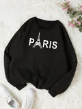 Women'WB shield Letter & Eiffel Tower Print Drop Shoulder Sweatshirt, Casual Graphic Long Sleeve Crew Neck Pullover For...