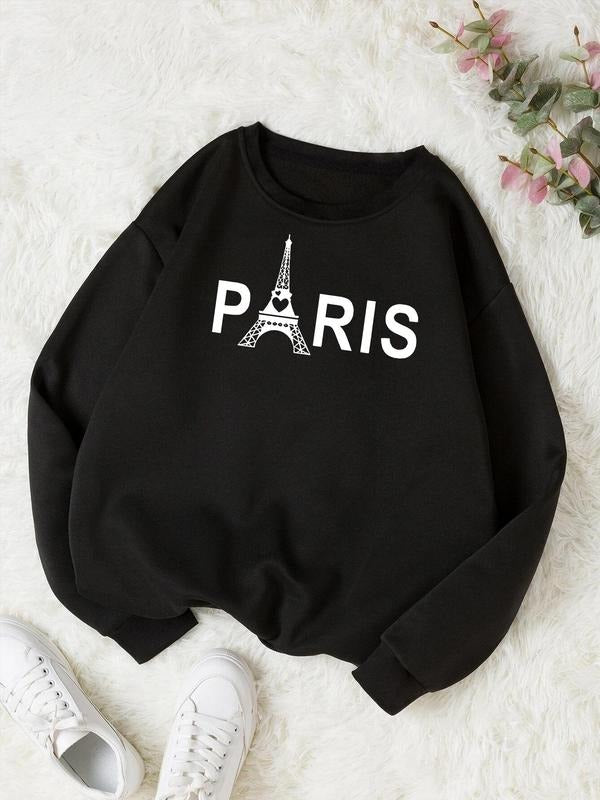 Women'WB shield Letter & Eiffel Tower Print Drop Shoulder Sweatshirt, Casual Graphic Long Sleeve Crew Neck Pullover For...