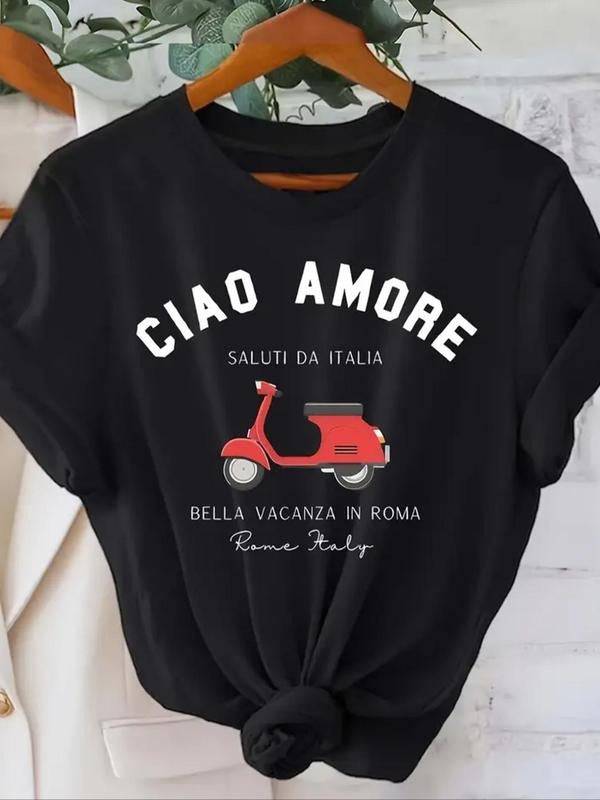 Women'WB shield Letter & Electric Vehicles Print Round Neck Tee, Casual Short Sleeve T-shirt for Summer, Ladies TNF for...