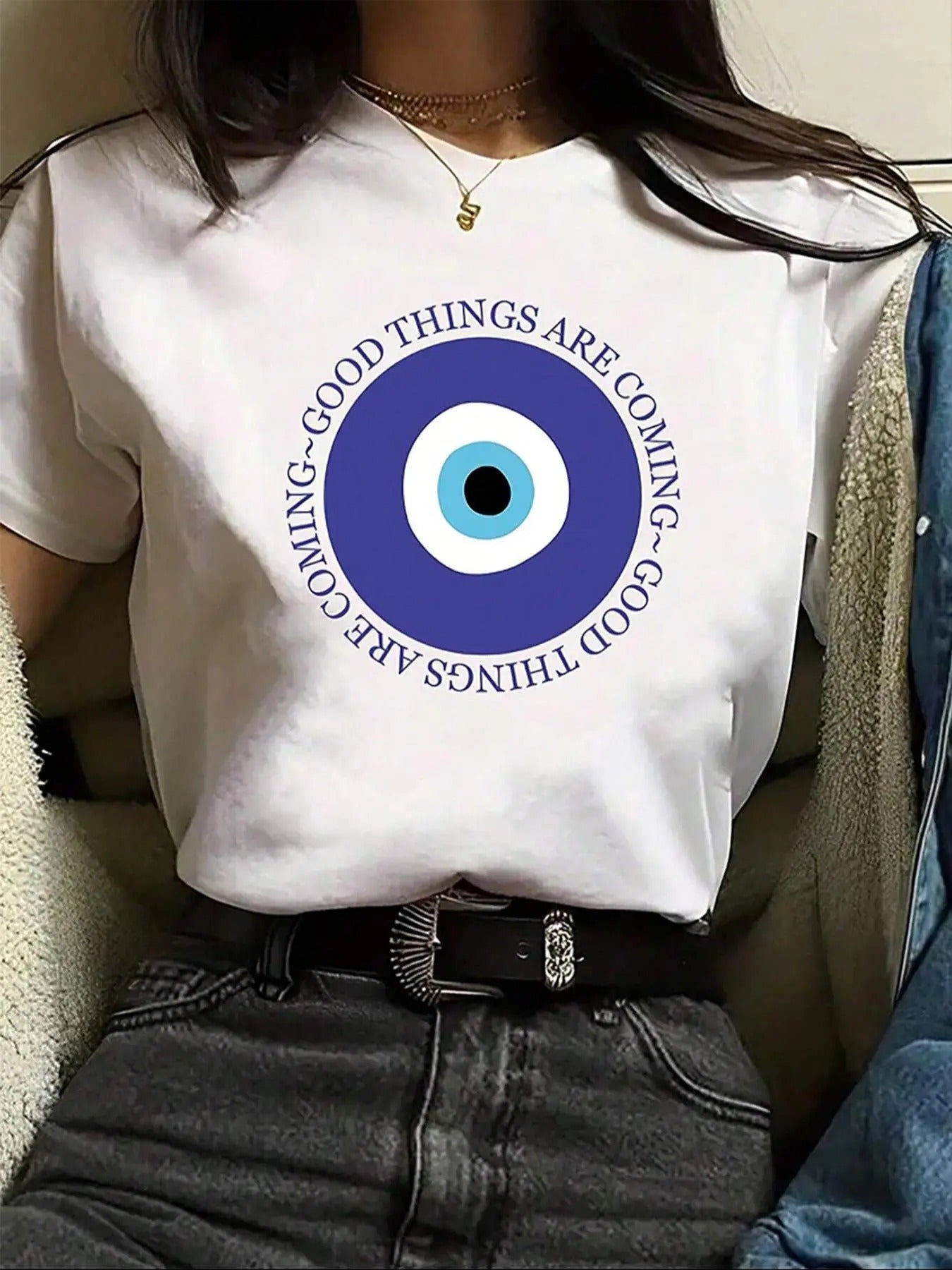Women'WB shield Letter & Evil Eye Print Round Neck Graphic Tee, Trendy Casual Short Sleeve T-shirt for Daily Wear, Ladies...