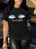 Women'WB shield Letter & Eyelash Print Round Neck Tee, Fashion Casual Crew Neck T-shirt for Daily Holiday Vacation...