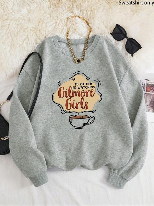 Women'WB shield Letter & FOG Print Drop Shoulder TNF Lined Sweatshirt, Casual Long Sleeve Round Neck Pullover for Daily...
