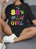 Women'WB shield Letter & Figure Graphic Round Neck Drop Shoulder Tee, Casual Fashionable Half Sleeve T-shirt for Daily...