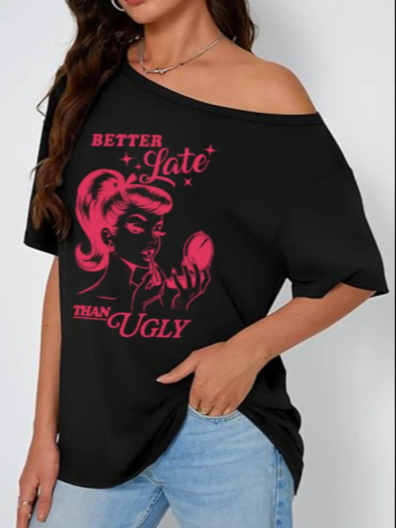 Women'WB shield Letter & Figure Print Asymmetrical Neck Tee, Casual Half Sleeve T-shirt, Ladies Summer TNF for Daily Wear...