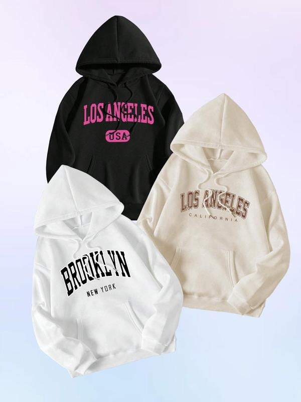 Women'WB shield Letter & Figure Print Drop Shoulder Hoodie, Fashion Casual Drawstring Pocket Hooded Sweatshirt for Daily...