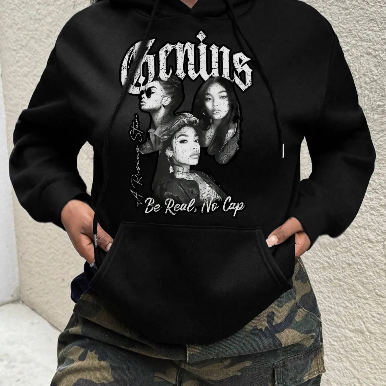 Women'WB shield Letter & Figure Print Drop Shoulder Hoodie, Fashion Casual Drawstring Pocket Hooded Sweatshirt for Daily...