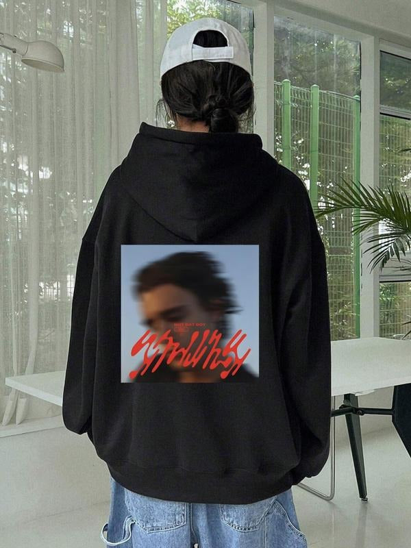 Women'WB shield Letter & Figure Print Drop Shoulder Hoodie, Fashion Casual Drawstring Pocket Hooded Sweatshirt for Daily...