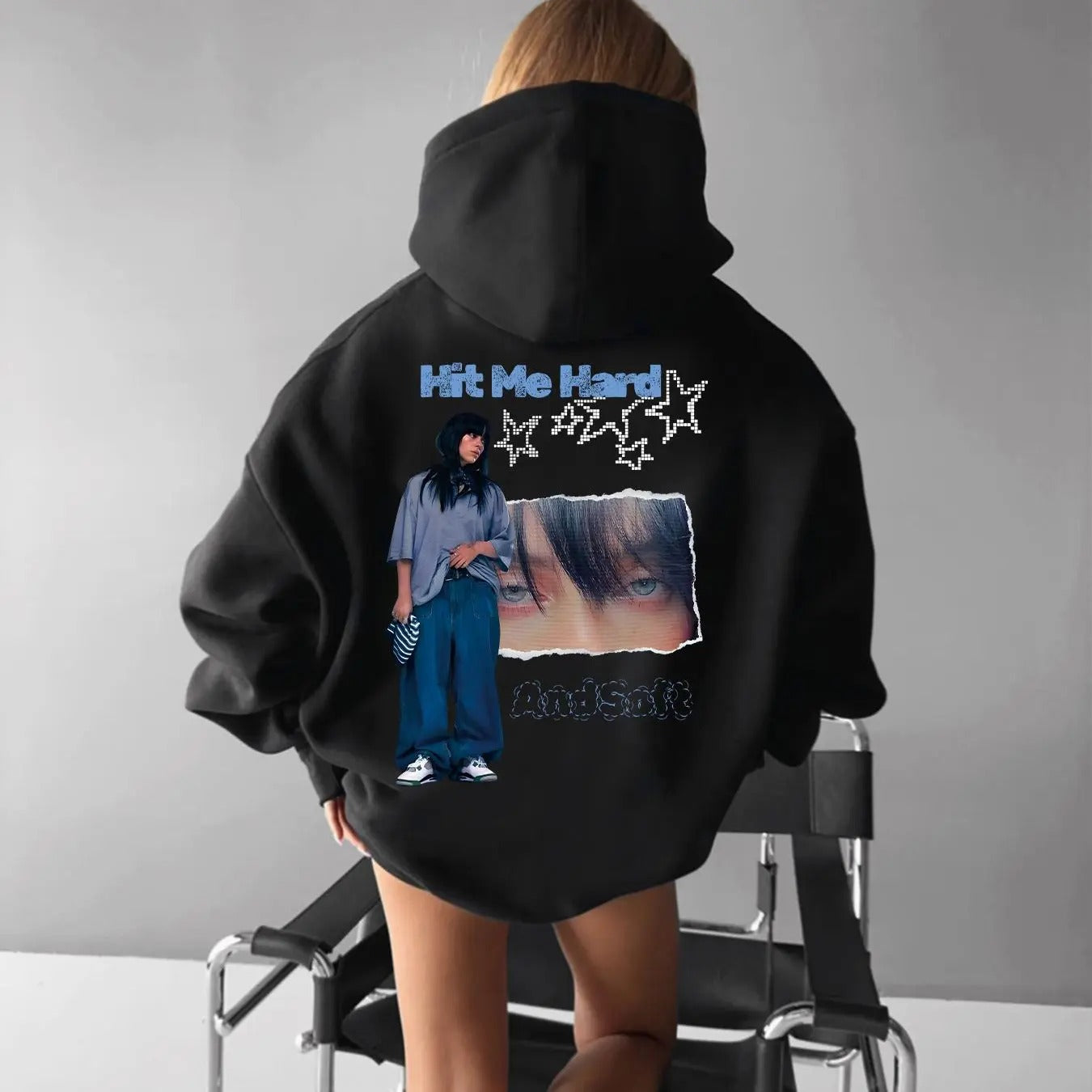 Women'WB shield Letter & Figure Print Drop Shoulder Hoodie, Fashion Casual Drawstring Pocket Hooded Sweatshirt for Daily...