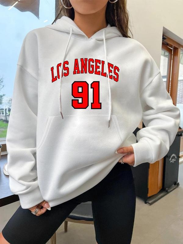 Women'WB shield Letter & Figure Print Drop Shoulder Hoodie, Fashion Casual Drawstring Pocket Hooded Sweatshirt for Daily...