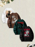 Women'WB shield Letter & Figure Print Drop Shoulder Sweatshirt, Casual Long Sleeve Pullover for Fall & Winter, Women'WB...