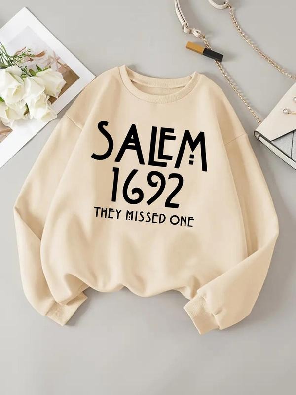 Women'WB shield Letter & Figure Print Drop Shoulder Sweatshirt, Casual Long Sleeve Round Neck Pullover for Daily Wear,...