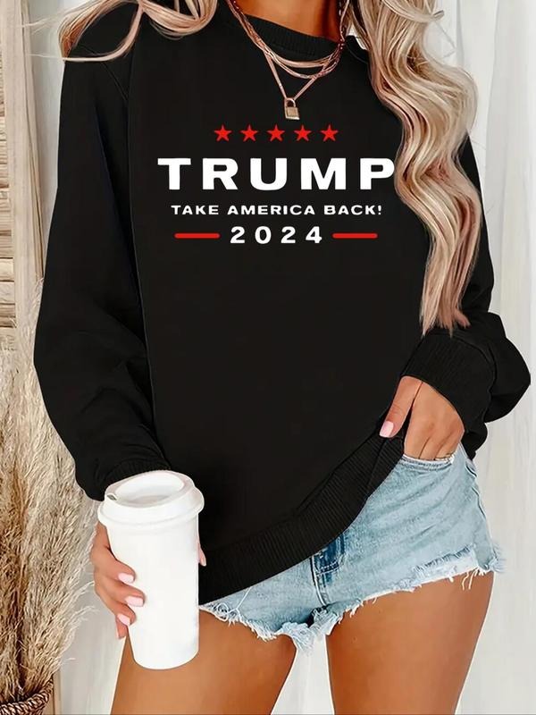 Women'WB shield Letter & Figure Print Drop Shoulder Sweatshirt, Casual Long Sleeve Round Neck Pullover for Fall & Winter,...