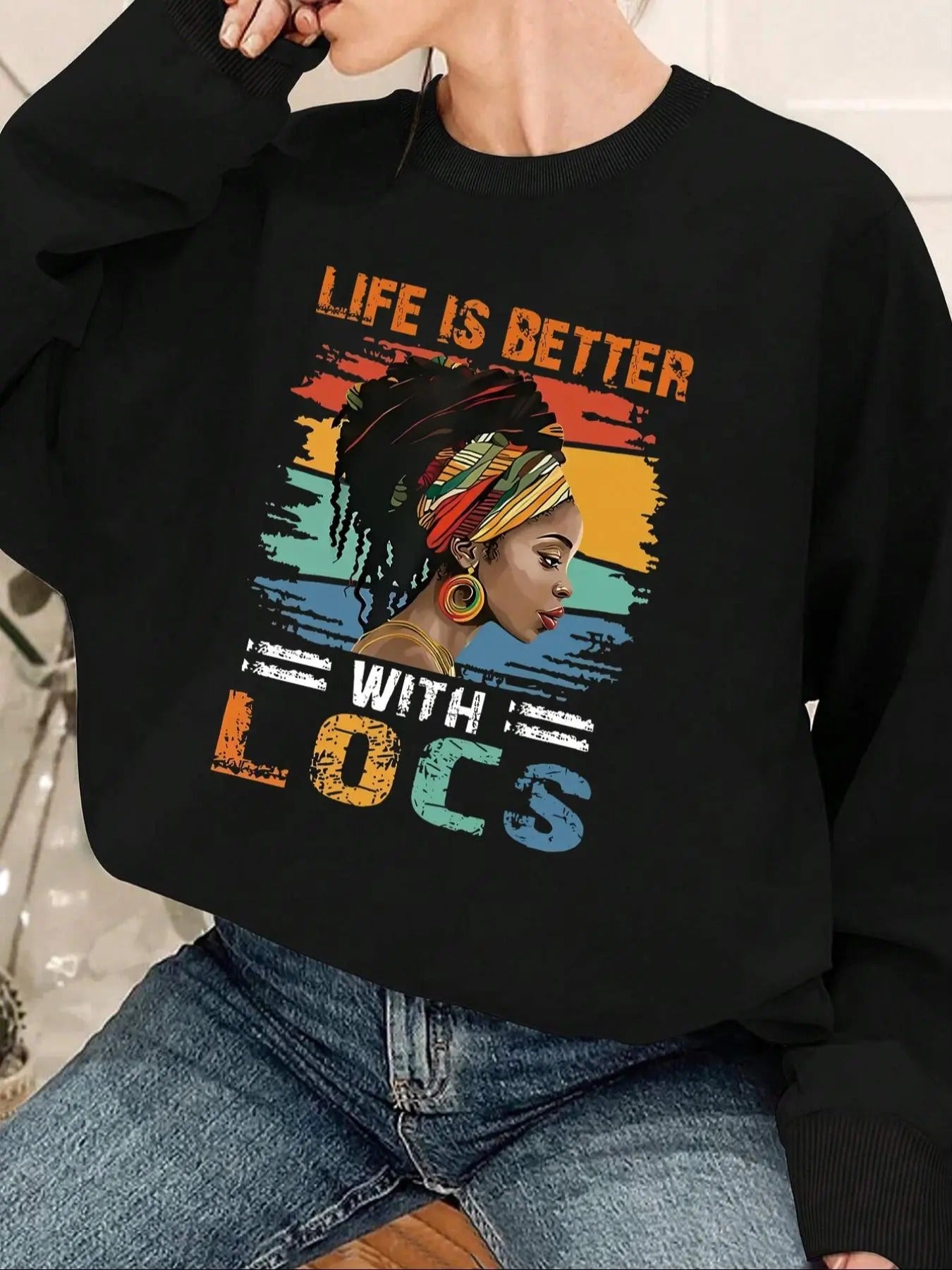 Women'WB shield Letter & Figure Print Drop Shoulder Sweatshirt, Casual Long Sleeve Round Neck Pullover for Fall & Winter,...