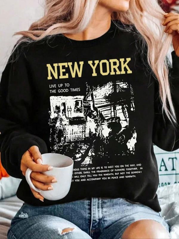 Women'WB shield Letter & Figure Print Drop Shoulder Sweatshirt, Casual Long Sleeve Round Neck Pullover for Fall & Winter,...