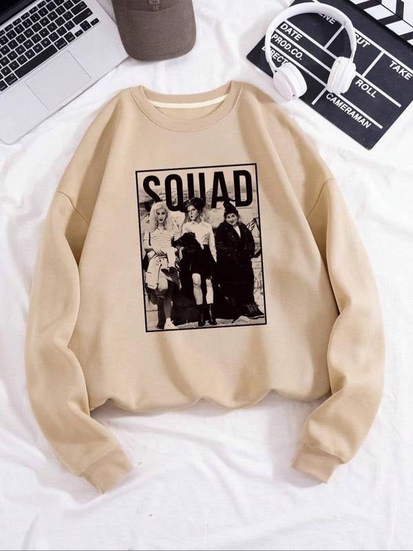 Women'WB shield Letter & Figure Print Drop Shoulder Sweatshirt, Casual Long Sleeve Round Neck Pullover for Fall & Winter,...