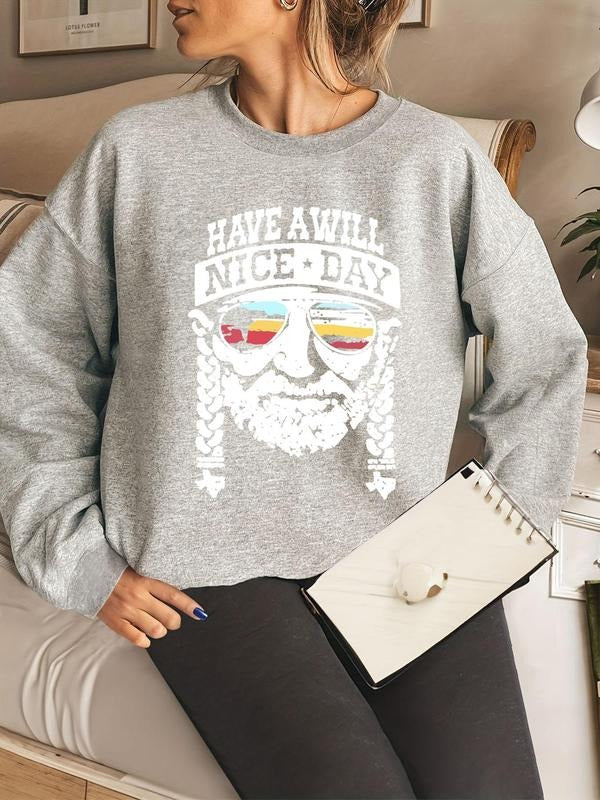 Women'WB shield Letter & Figure Print Drop Shoulder Sweatshirt, Casual Long Sleeve Round Neck Pullover for Fall & Winter,...