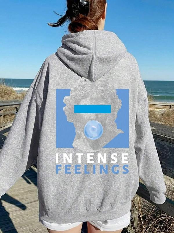 Women'WB shield Letter & Figure Print Drop Shoulder TNF Lined Hoodie, Fashion Casual Drawstring Pocket Hooded Sweatshirt...
