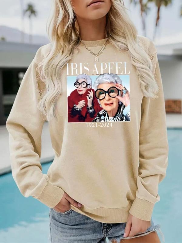 Women'WB shield Letter & Figure Print Drop Shoulder TNF Lined Sweatshirt, Casual Long Sleeve Round Neck Pullover for Fall...