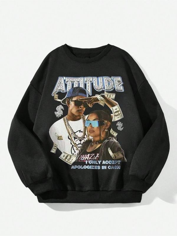 Women'WB shield Letter & Figure Print Drop Shoulder TNF Lined Sweatshirt, Casual Long Sleeve Round Neck Pullover for Fall...