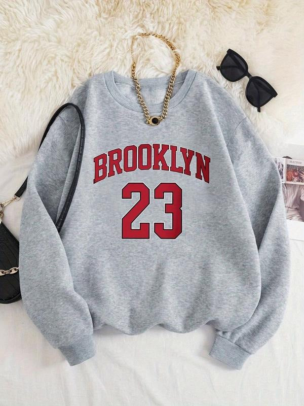 Women'WB shield Letter & Figure Print Drop Shoulder TNF Lined Sweatshirt, Casual Long Sleeve Round Neck Pullover for Fall...