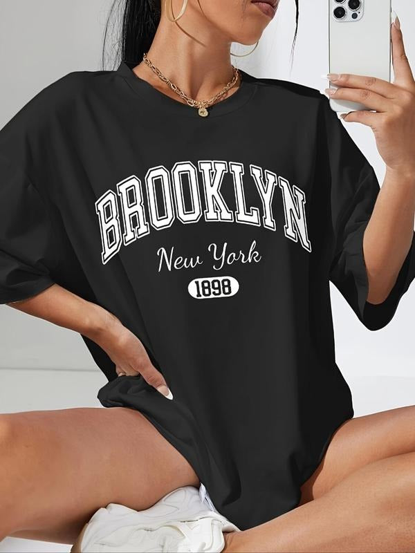 Women'WB shield Letter & Figure Print Drop Shoulder Tee, Casual Half Sleeve Round Neck T-Shirt for Summer, Fashion...