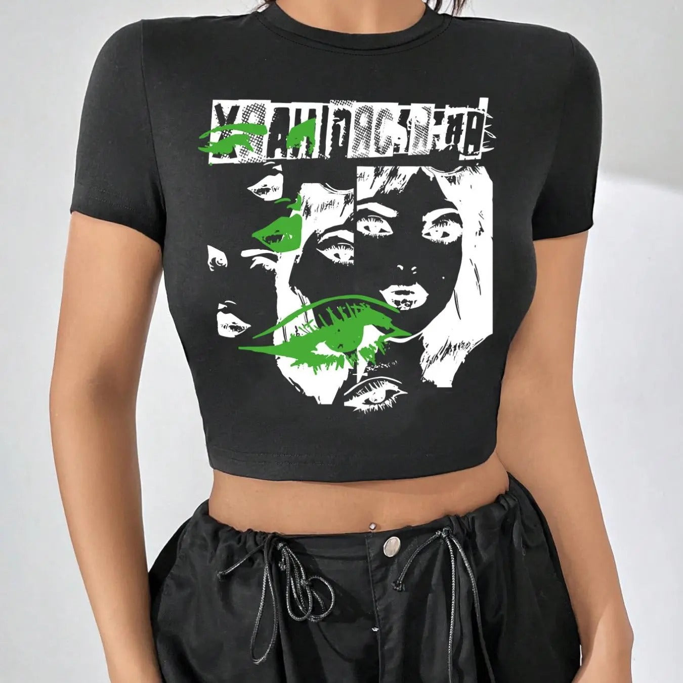 Women'WB shield Letter & Figure Print Round Neck Crop Tee, Casual Short Sleeve T-shirt, Ladies Summer TNF for Daily Wear...