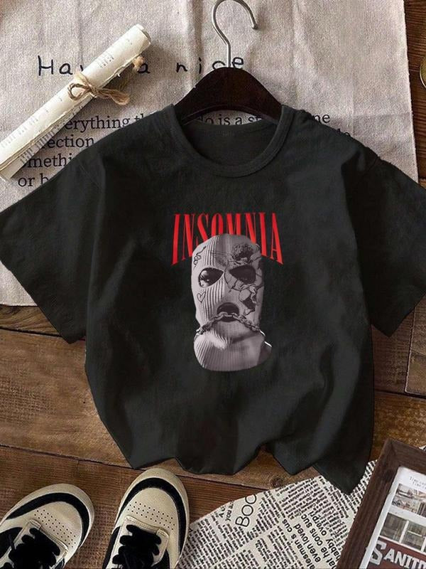 Women'WB shield Letter & Figure Print Round Neck Graphic Tee, Vintage Trendy Casual Short Sleeve T-shirt For Daily Wear,...