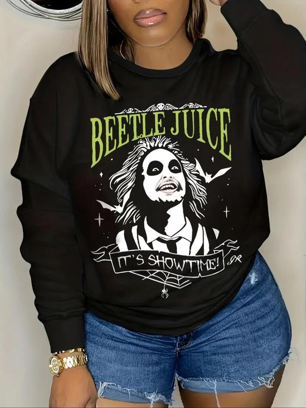Women'WB shield Letter & Figure Print Round Neck Sweatshirt, Fashion Casual Crew Neck Sweatshirt for Daily Holiday...