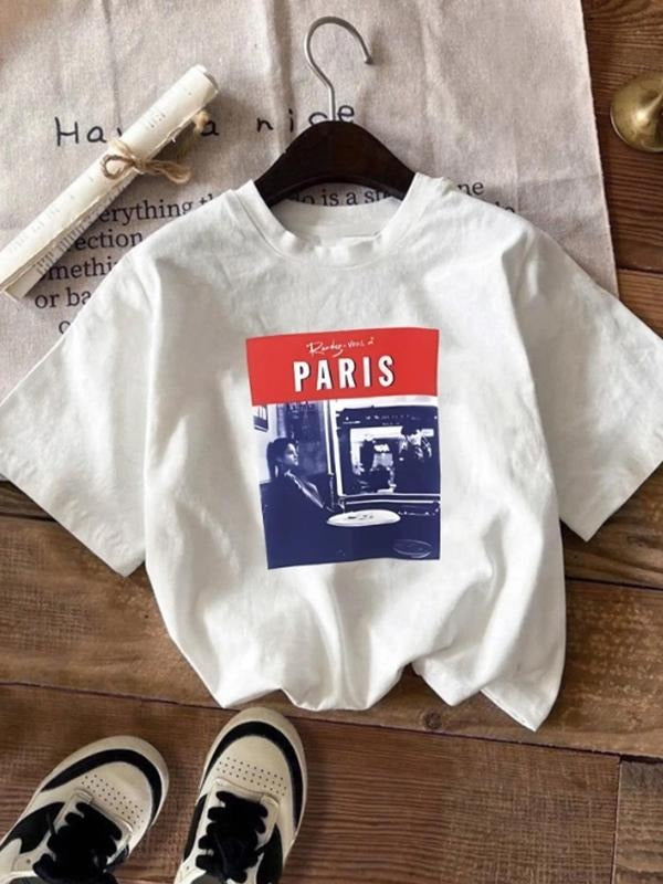 Women'WB shield Letter & Figure Print Round Neck Tee, Casual Short Sleeve Crew Neck T-Shirt for Fall & Winter, Women'WB...