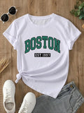 Women'WB shield Letter & Figure Print Round Neck Tee, Casual Short Sleeve T-shirt for Daily Wear, Ladies Summer Outfit...