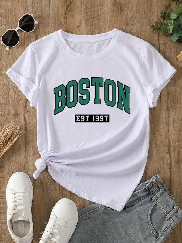 Women'WB shield Letter & Figure Print Round Neck Tee, Casual Short Sleeve T-shirt for Daily Wear, Ladies Summer Outfit...