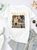 Women'WB shield Letter & Figure Print Round Neck Tee, Fashion Casual Crew Neck T-shirt for Daily Holiday Vacation Outdoor...