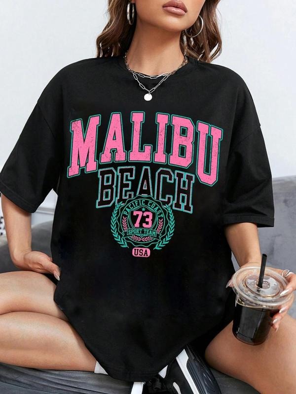 Women'WB shield Letter & Figure Print Round Neck Tee, Summer TNF Women, Vintage Trendy Casual Drop Shoulder Half Sleeve...