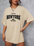 Women'WB shield Letter & Figure Print Round Neck Tee, Trendy Casual Drop Shoulder Half Sleeve T-shirt for Daily Wear,...