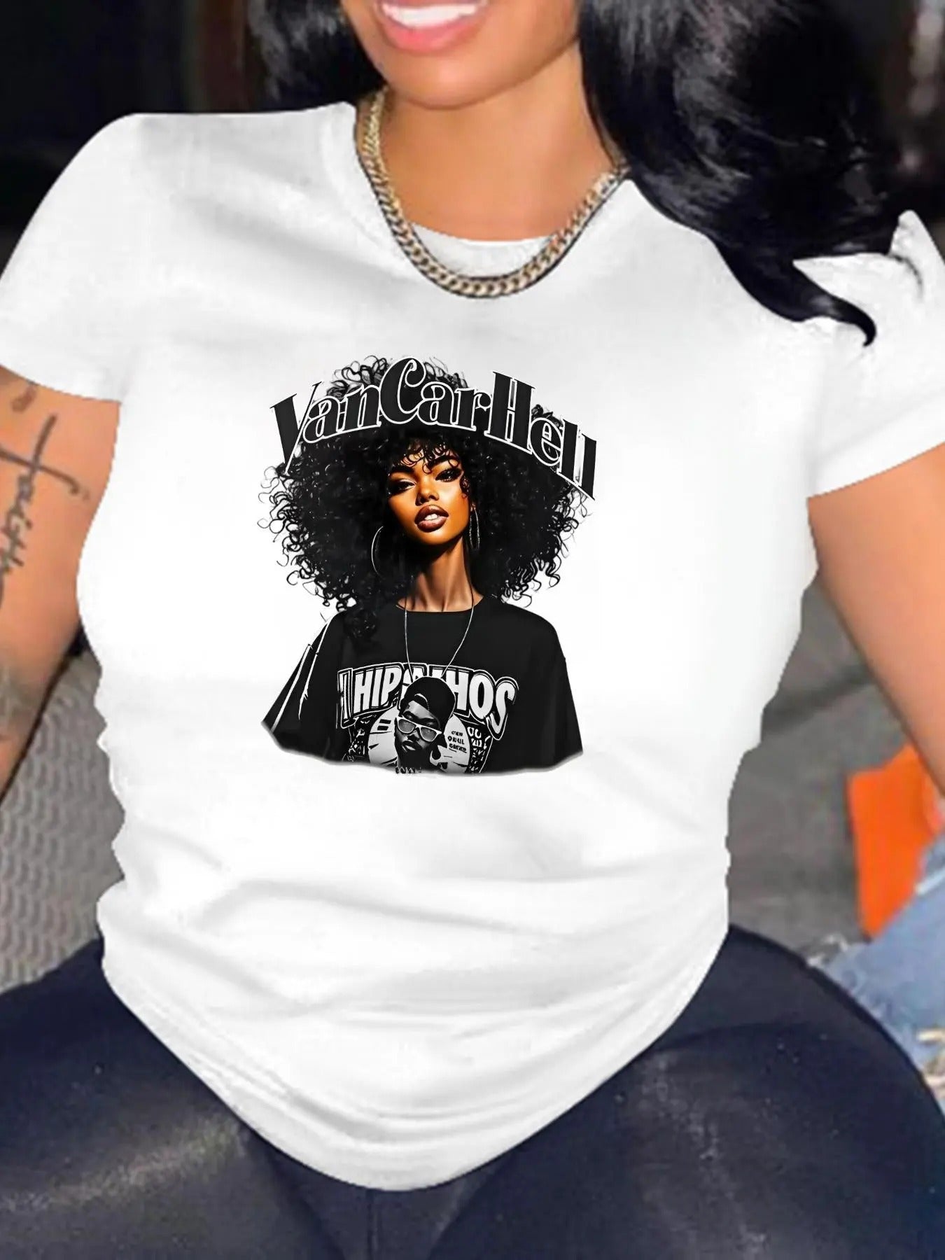Women'WB shield Letter & Figure Print Round Neck Tee, Vintage Trendy Casual Short Sleeve T-shirt for Daily Wear, Ladies...
