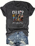Women'WB shield Letter & Figure Print Short Sleeve Tee, Summer TNF Women, Casual Round Neck Graphic T-Shirt for Summer,...