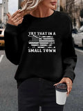 Women'WB shield Letter & Flag Print Drop Shoulder Sweatshirt, Casual Long Sleeve Round Neck Pullover for Fall & Winter,...