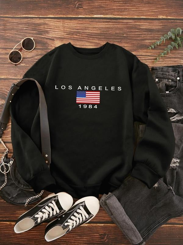 Women'WB shield Letter & Flag Print Drop Shoulder Sweatshirt, Casual Long Sleeve Round Neck Pullover for Fall & Winter,...