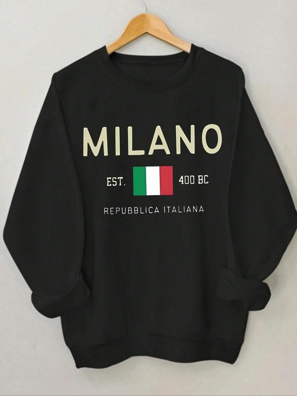 Women'WB shield Letter & Flag Print Round Neck Sweatshirt, Casual Long Sleeve Crew Neck Pullover for Spring & Fall,...