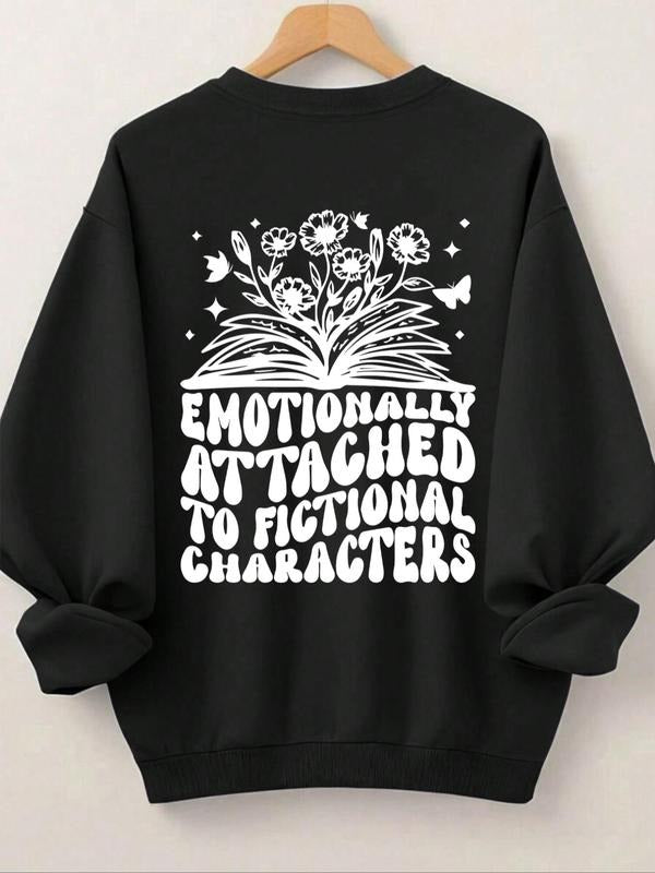 Women'WB shield Letter & Floral Print Drop Shoulder Sweatshirt, Casual Long Sleeve Round Neck Pullover for Spring & Fall,...