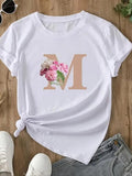 Women'WB shield Letter & Floral Print Round Neck Tee, Fashion Casual Short Sleeve T-shirt, Ladies Summer TNF for Daily...