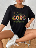 Women'WB shield Letter & Floral Print Round Neck Tee, Trendy Casual Drop Shoulder Half Sleeve T-shirt for Daily Wear,...