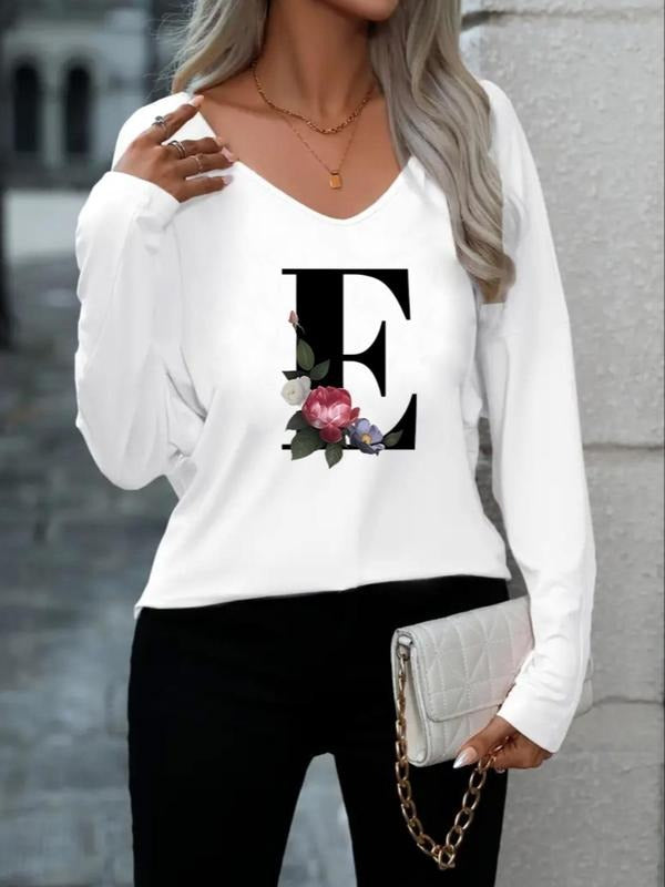 Women'WB shield Letter & Floral Print Superhero team Neck Tee, Casual Long Sleeve T-shirt for Fall & Winter, Ladies TNF...