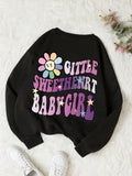 Women'WB shield Letter & Flower Print Round Neck Sweatshirt, Fashion Casual Crew Neck Long Sleeve Pullover for Daily...